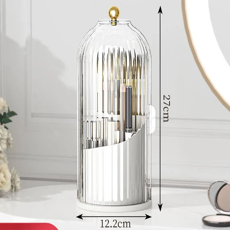 360° Rotating Makeup Brush Holder with Cover – Luxury Cosmetics Organizer for Lipstick, Eyebrow Pencils & Eyeshadow