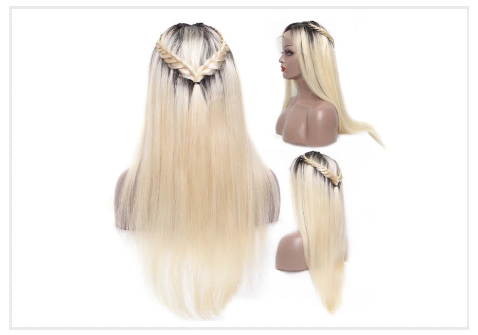 13x6 Lace Frontal Brazilian Straight Human Hair Wig – 2-Tone Dark Root 1B/613 Ombre Blonde, 40”