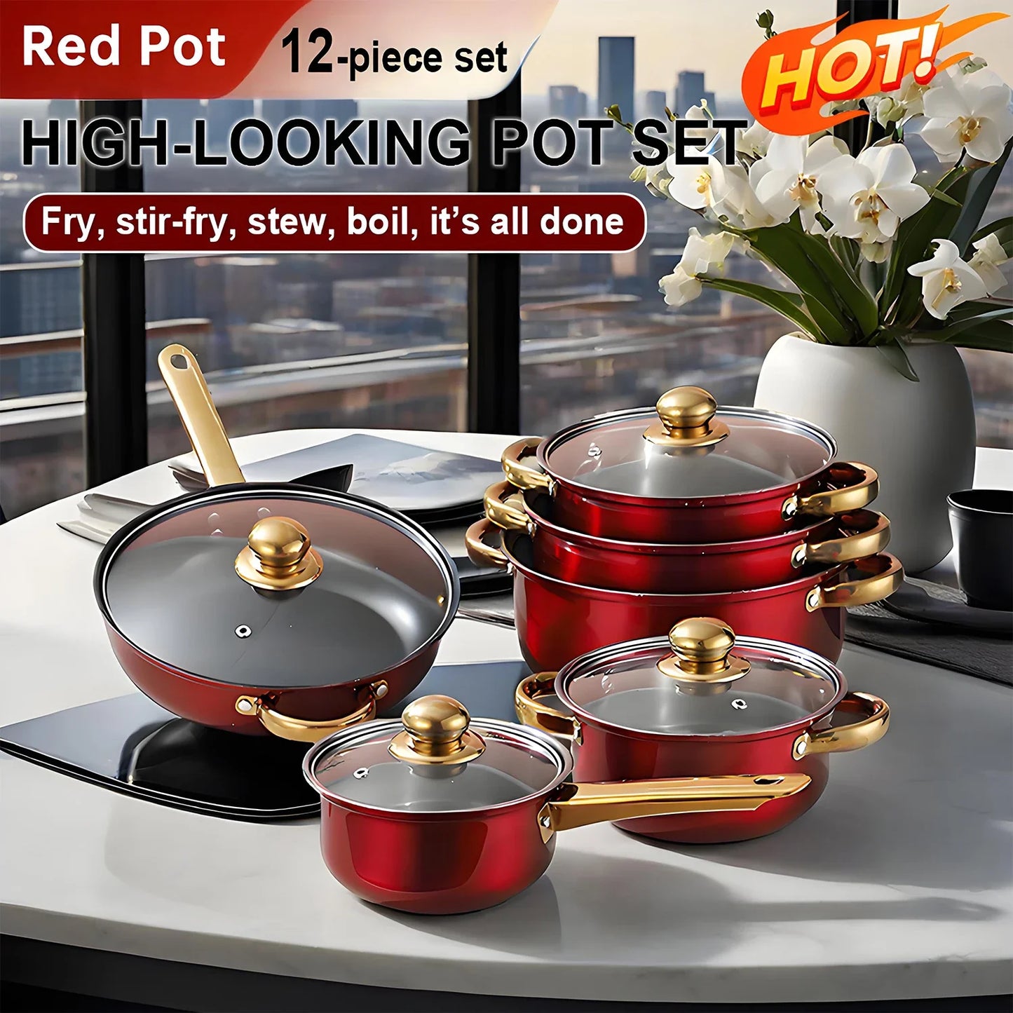 12-Piece Red Stainless Steel Non-Stick Cookware Set – Complete Kitchen Collection