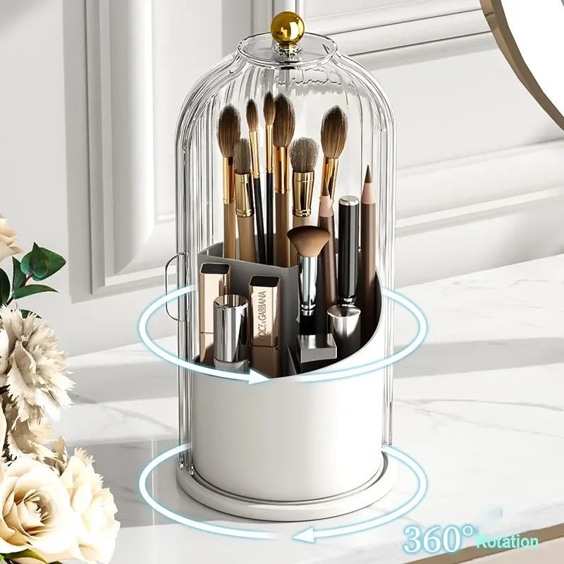 360° Rotating Makeup Brush Holder with Cover – Luxury Cosmetics Organizer for Lipstick, Eyebrow Pencils & Eyeshadow