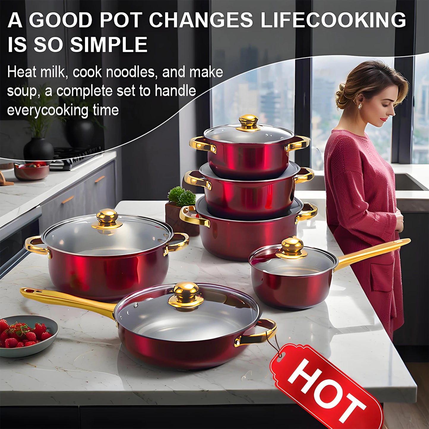 12-Piece Red Stainless Steel Non-Stick Cookware Set – Complete Kitchen Collection
