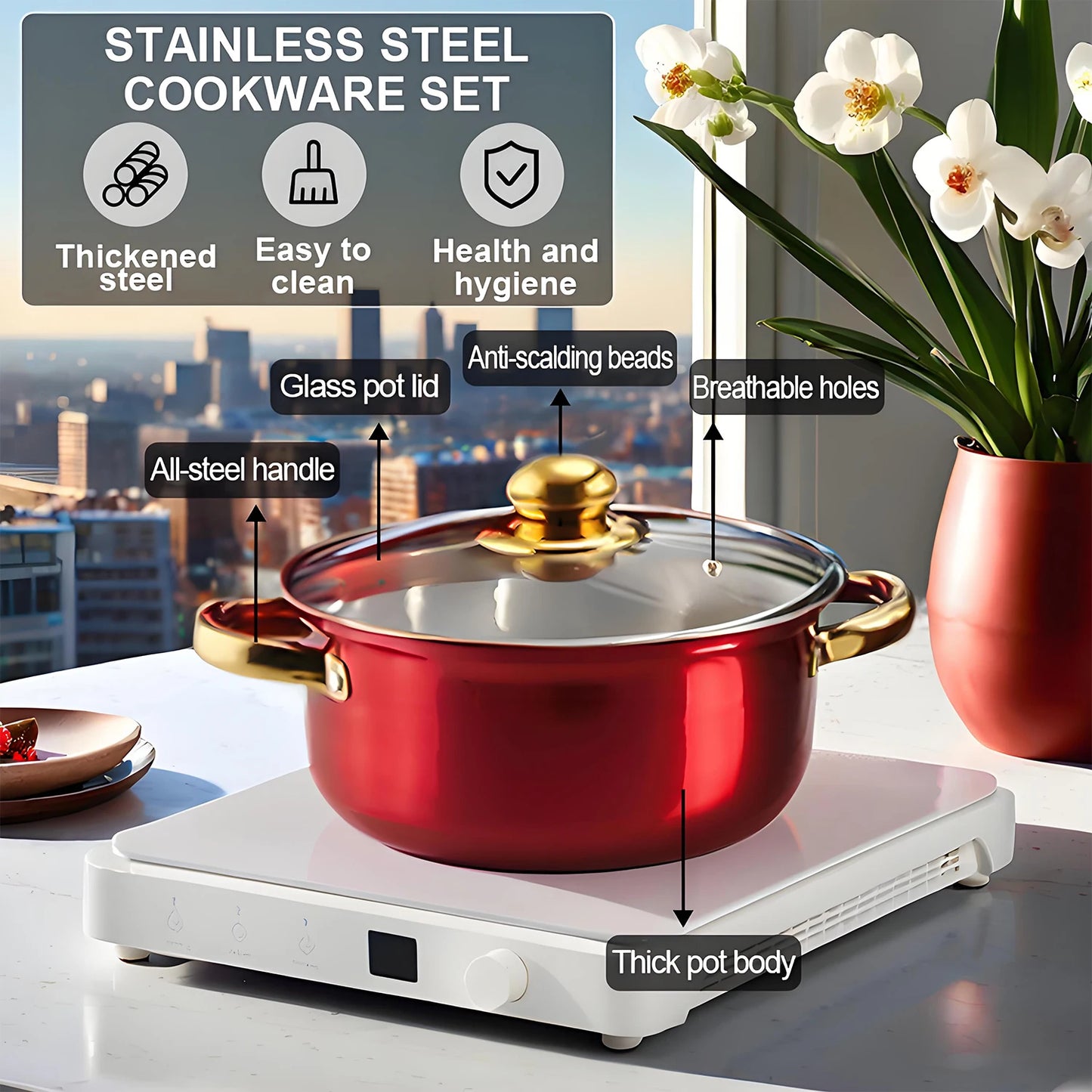 12-Piece Red Stainless Steel Non-Stick Cookware Set – Complete Kitchen Collection