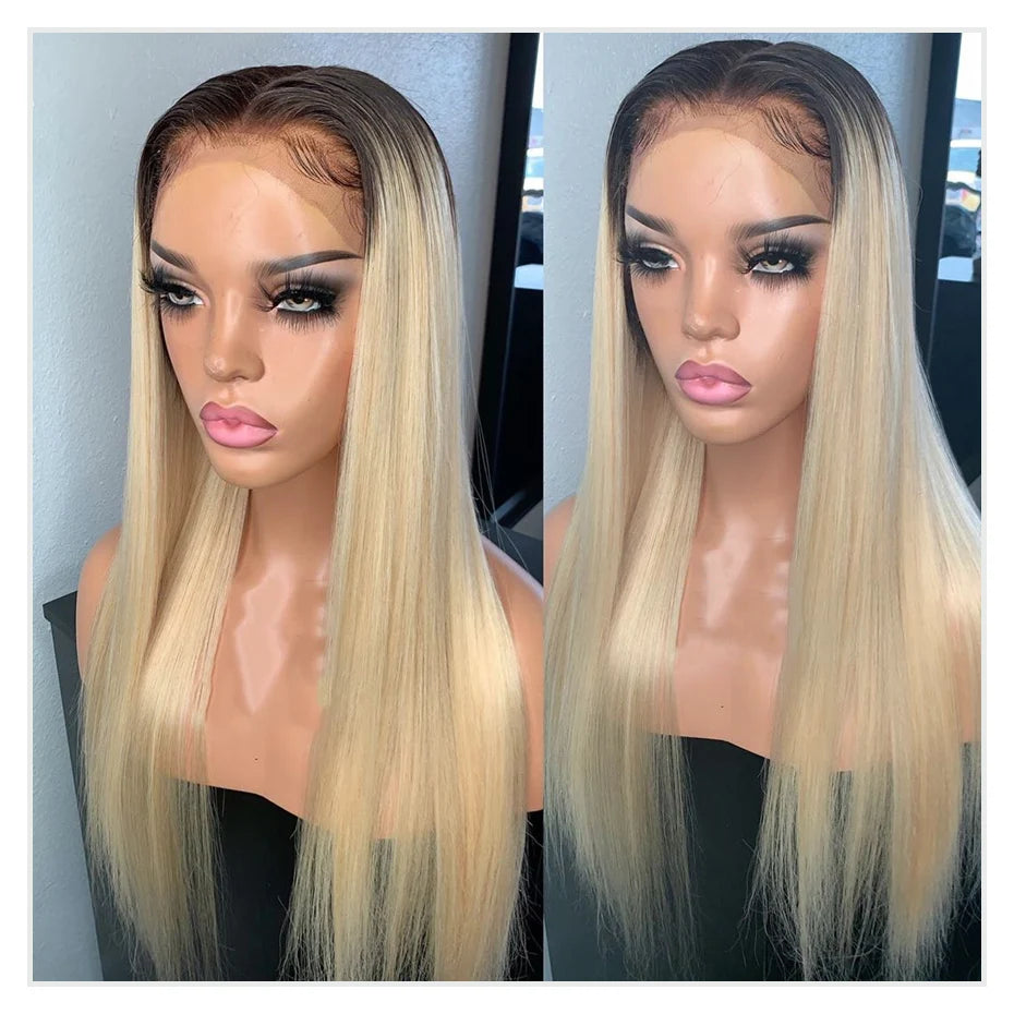 13x6 Lace Frontal Brazilian Straight Human Hair Wig – 2-Tone Dark Root 1B/613 Ombre Blonde, 40”