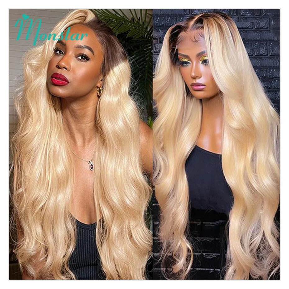 13x6 Lace Frontal Brazilian Straight Human Hair Wig – 2-Tone Dark Root 1B/613 Ombre Blonde, 40”