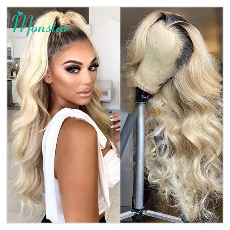13x6 Lace Frontal Brazilian Straight Human Hair Wig – 2-Tone Dark Root 1B/613 Ombre Blonde, 40”