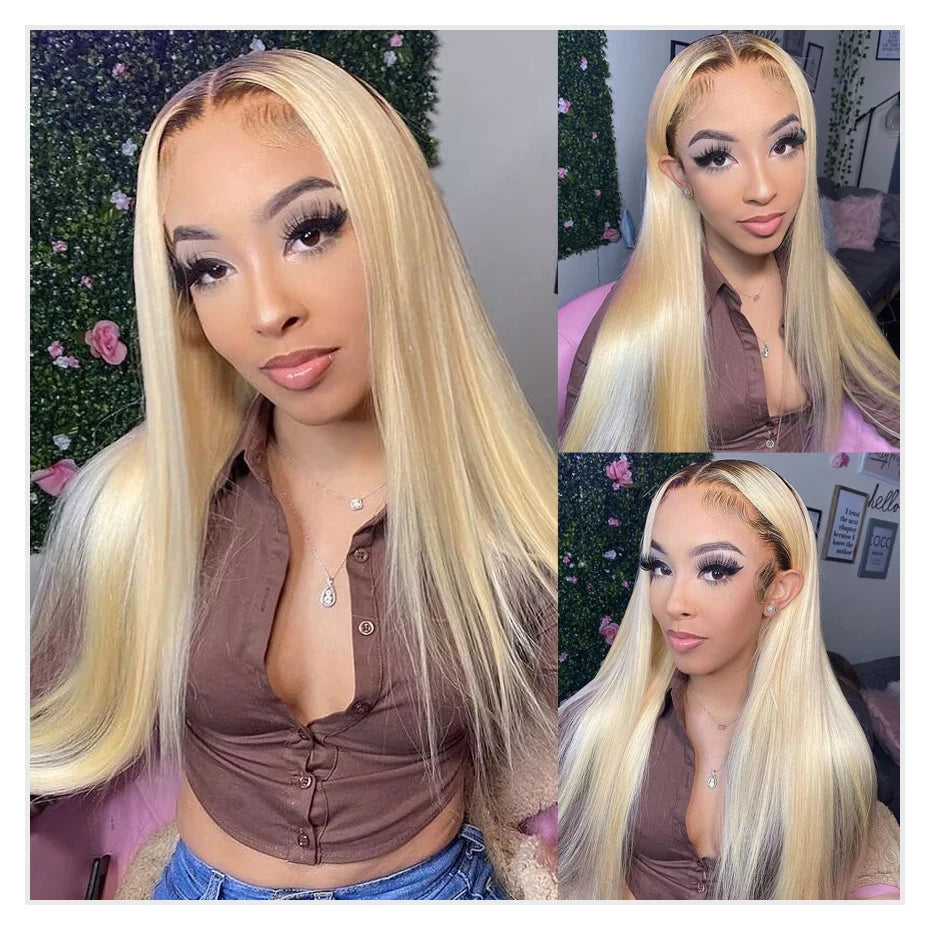 13x6 Lace Frontal Brazilian Straight Human Hair Wig – 2-Tone Dark Root 1B/613 Ombre Blonde, 40”
