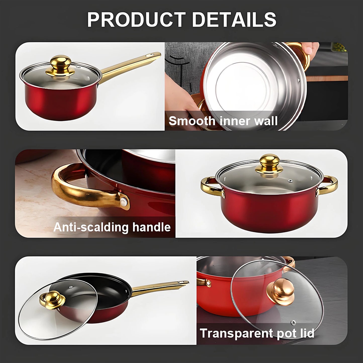 12-Piece Red Stainless Steel Non-Stick Cookware Set – Complete Kitchen Collection