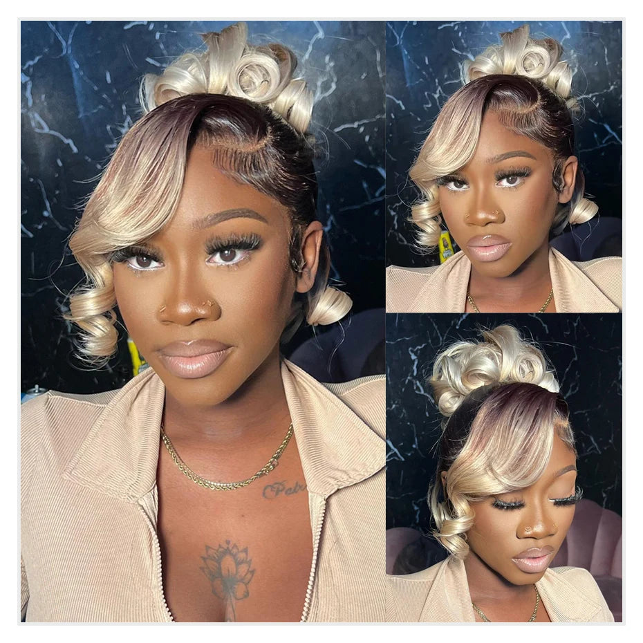 13x6 Lace Frontal Brazilian Straight Human Hair Wig – 2-Tone Dark Root 1B/613 Ombre Blonde, 40”