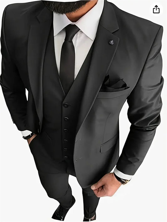 Men’s 3-Piece Business Suit – Notch Lapel Blazer, Vest & Pants, Formal Tuxedo for Wedding or Groom