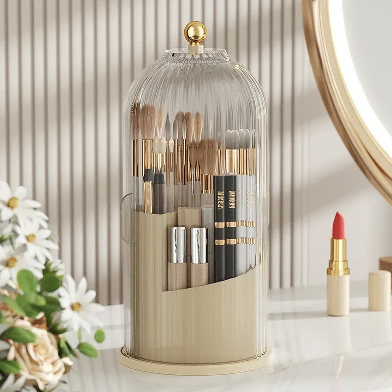 360° Rotating Makeup Brush Holder with Cover – Luxury Cosmetics Organizer for Lipstick, Eyebrow Pencils & Eyeshadow